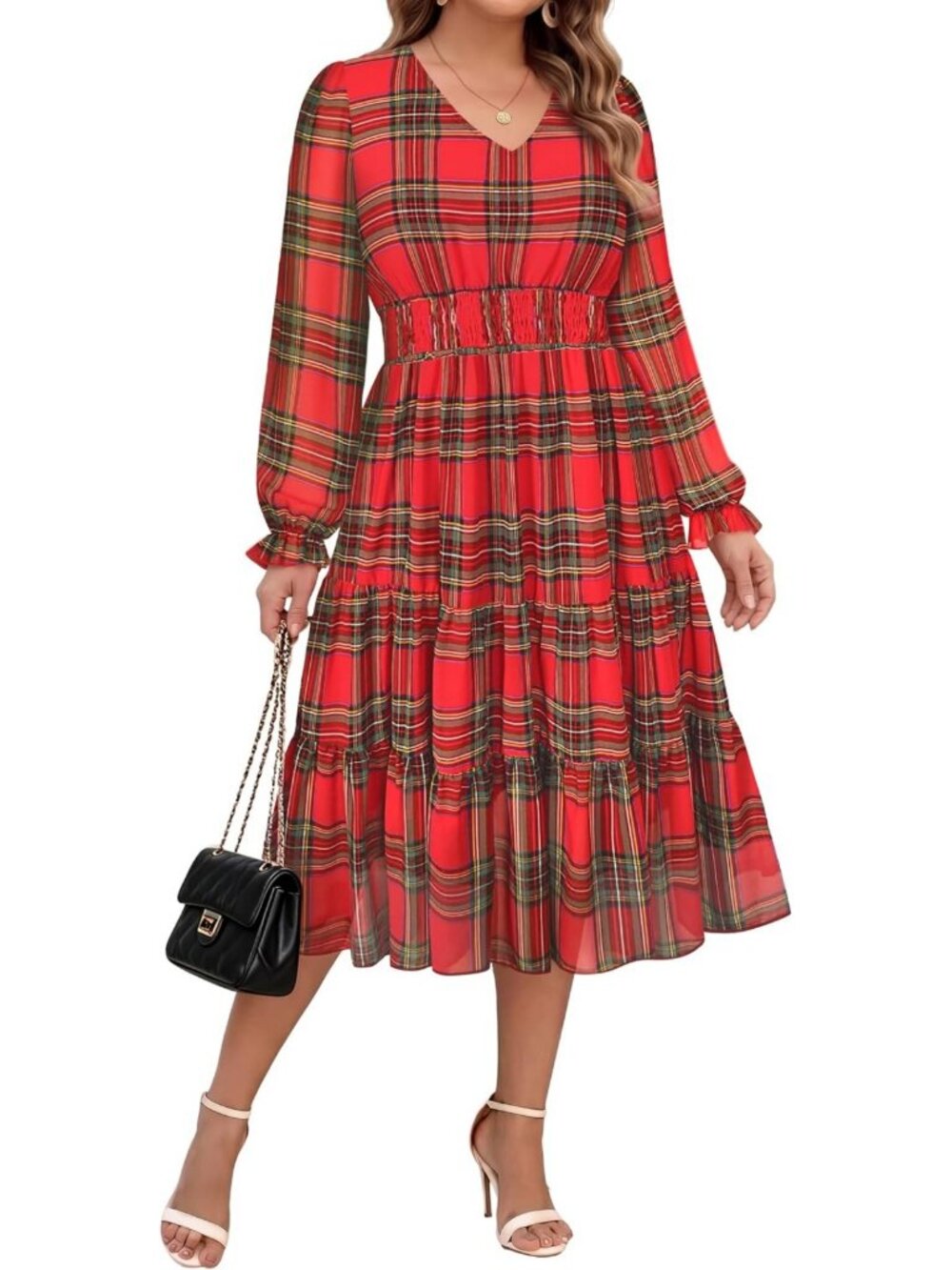 Plus Size Long Sleeve Chiffon V Neck Dress for Women, Sizes XL-5XL, Elegant